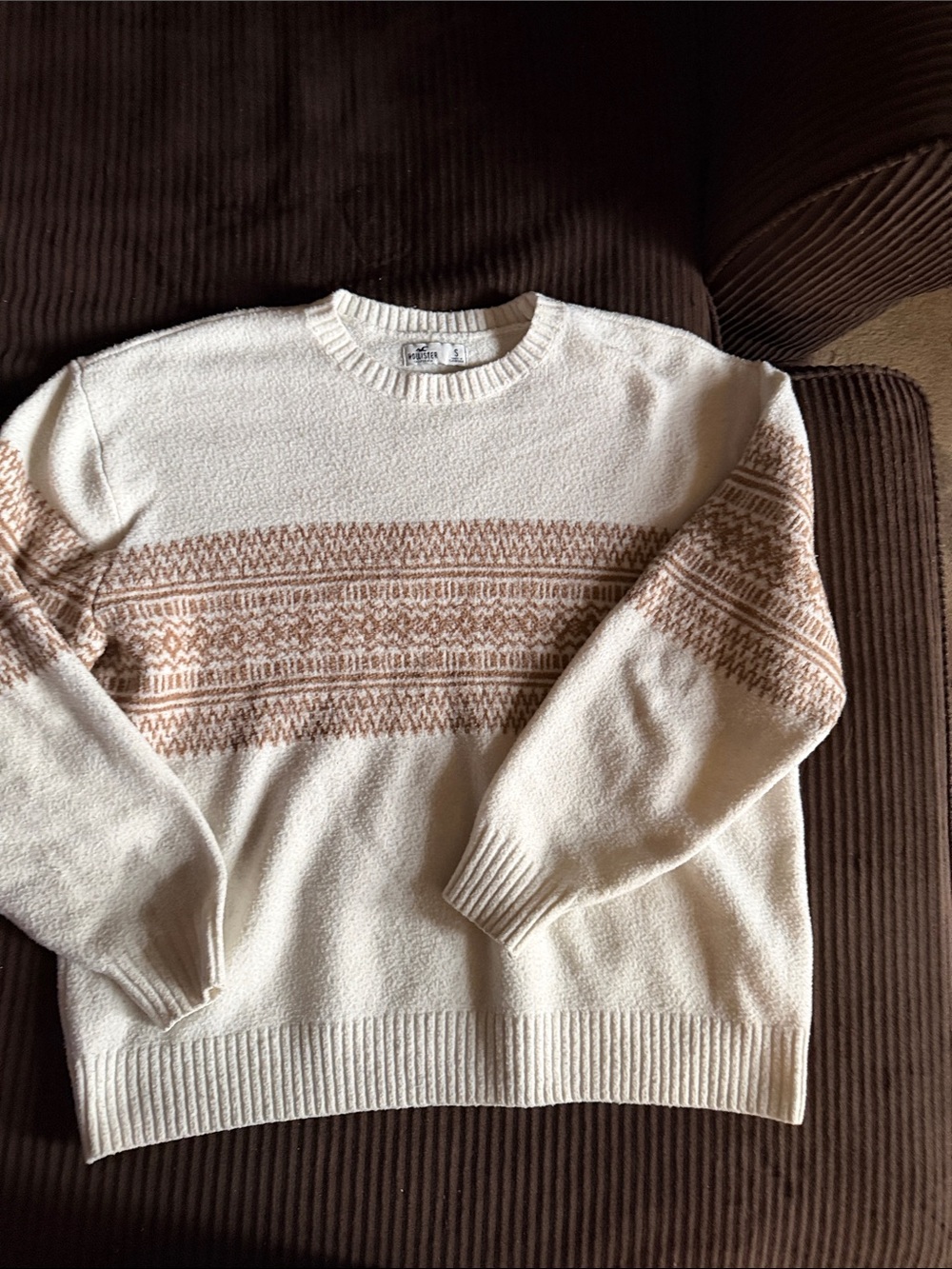 Hollister Cream Crewneck Sweater with Tan Fair Isle Detail